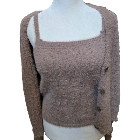 Pink Rose Fuzzy Tan Cardigan  Ans Cami Sweater Set - Picture 1 of 3